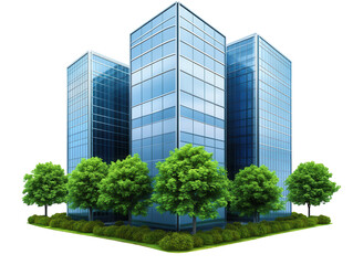 Obraz premium Modern glass building with reflections of trees and sky, isolated on a white background. PNG transparent.