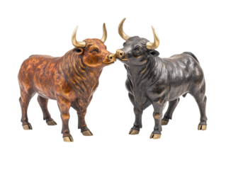 Bull and bear statues representing market trends, isolated on a white background.  PNG transparent.