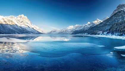 Obraz premium Icy lake reflects snow-laden branches, a pristine canvas of winter's soft palette, untouched and serene.