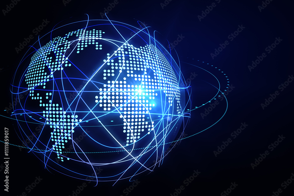 Poster Global network connection and global business concept with digital graphic world map globe covered by bright glowing blue lines on abstract dark background. 3D rendering
