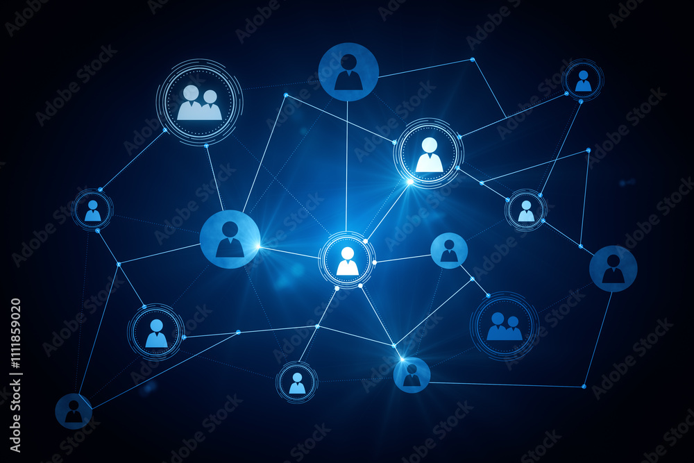 Poster Social network technologies concept with digital graphic user symbols connected by lines on abstract dark blue background. 3D rendering