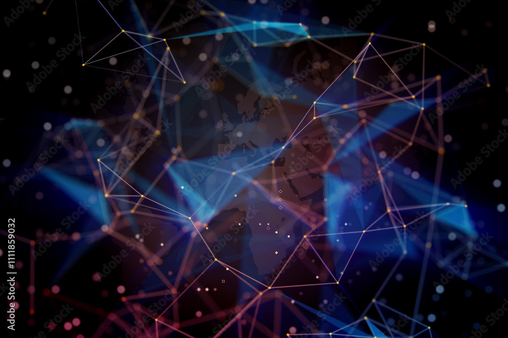 Aufkleber Abstract dark wallpaper with wireframe grid and polygonal figures on dark technological background. 3D rendering