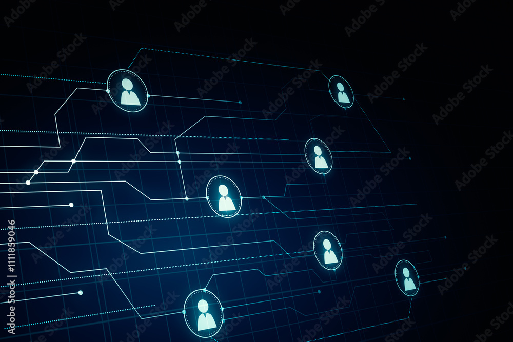 Aufkleber People communication and global social network concept with perspective view on white digital user symbols connected between each other on abstract dark background. 3D rendering