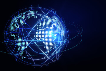 Global network connection and global business concept with digital graphic world map globe covered by bright glowing blue lines on abstract dark background. 3D rendering