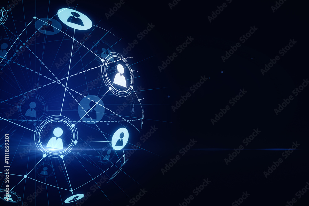 Poster Global communication and social network concept with digital user icons connected by lines in form of globe on blank dark empty background with space for your logo or text. 3D rendering, mockup