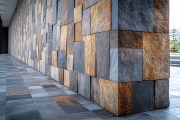 Obraz premium A sleek stone wall with polished granite blocks arranged in a tight, orderly pattern.