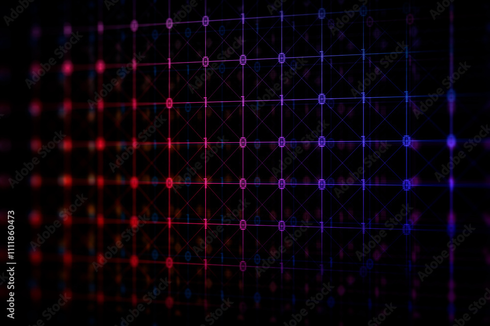 Aufkleber Binary computer code in from of grid on dark background. 3D rendering