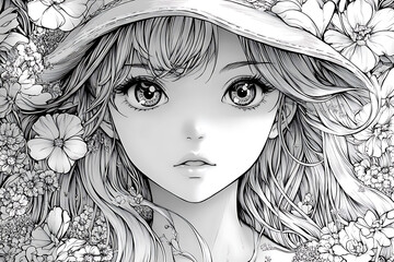 Fototapeta premium Anime girl coloring page illustration featuring a kawaii-style character with expressive eyes, intricate patterns, and whimsical decorative elements