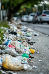 Plastic waste litters roadside, near parked cars.