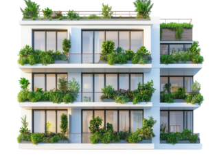 Modern building with vertical gardens on balconies, isolated on a white background.  PNG transparent.