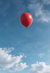 A solitary red balloon suspended in mid-air against a blue sky, solo, serene