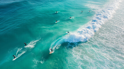 Fototapeta premium Surfers riding waves in turquoise ocean. Concept of adventure, sport, and vacation.