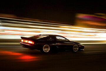 Fototapeta premium Fast black sports car racing through city lights at night