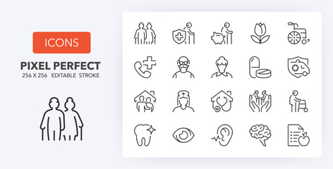 Line icons about elderly. Contains such icons as nursing home, insurances, medical assistance and more. Editable vector stroke. 256 Pixel Perfect scalable to 128px...