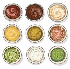 combination of realistic types of dips sauces ketchup salsa guacamole mayo bbq mustard fast food icon eating fried yummy american burger herb decorated isolated on white background