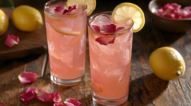 Refreshing pink lemonade served in tall glasses, garnished with lemon slices and rose petals, perfect for summer gathering