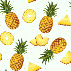 Juicy yellow pineapple whole and slices Seamless template with exotic fruits. Tropical fruits. Natural vegetarian healthy sweet food. Vector background for fabric, print, packaging, wrapping paper