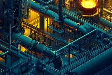 Industrial pipeline transport for petrochemical and gas processing, showing steel pipes, furnace factory lines, and heat-processing equipment in a large-scale plant