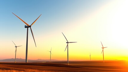 A serene landscape featuring wind turbines against a vibrant sunset, highlighting renewable energy and environmental sustainability.