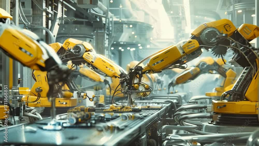 Poster a high-tech factory with robotic arms working on circuit boards