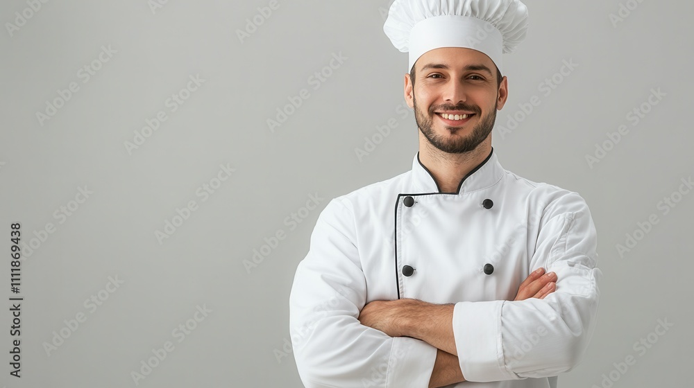 Poster a smiling chef in a white uniform with a chef hat. he is posing for a picture