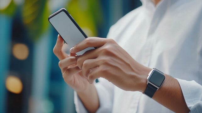 Person using smartphone outdoors while wearing a watch in a modern urban setting during daylight