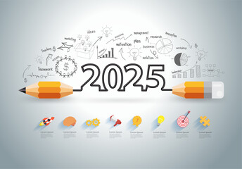 Vector illustration 2025 New year with creative pencil design on drawing charts graphs business success strategy plan ideas concept