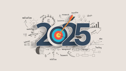 2025 new year target audience concept, Creative thinking drawing charts and graphs business success strategy plan idea on target dart with arrow, Vector illustration modern layout template
