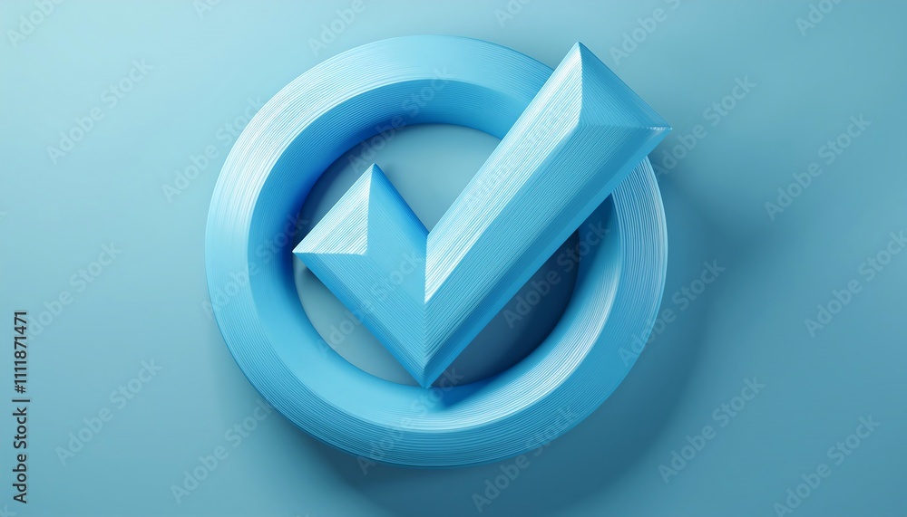 Poster a stylized blue checkmark symbol is enclosed within a circular shape against a soft blue background,