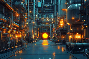 Fototapeta premium Industrial pipeline transport for petrochemical and gas processing, showing steel pipes, furnace factory lines, and heat-processing equipment in a large-scale plant