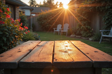 Fototapeta premium Serene sunlit backyard garden golden hour rustic wooden table