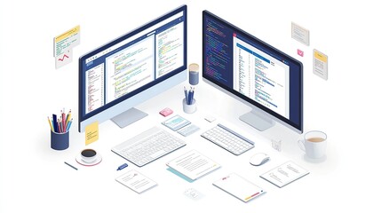 Isometric web programming or software development isolated on white background
