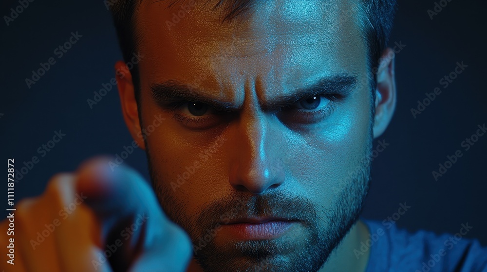 Poster a man with a pointed finger is staring at the camera. the image has a dark and moody atmosphere, wit