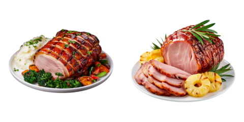 Close-up of sliced ham with a glaze and pineapple