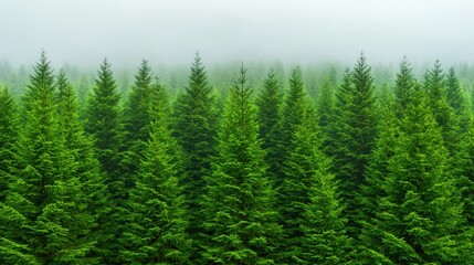 Fototapeta premium Misty Fir Forest Landscape Green Trees Nature Fog Woodland Conifer
