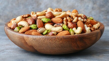 Assorted Nuts in Wooden Bowl on Gray Background