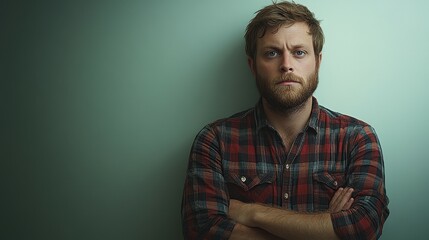 Fototapeta premium A man with a beard and a plaid shirt is standing with his arms crossed. He looks unhappy and is staring at the camera