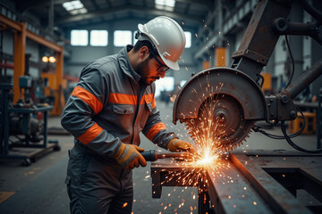 Worker cutting metal with power saw in industrial workshop