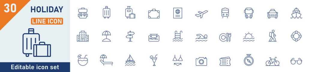 Holiday line icon set. Set of 30 outline icons related to vacations, beaches, career bags, tourist transportation, tourism, travel and others. Editable stroke. Vector illustration.