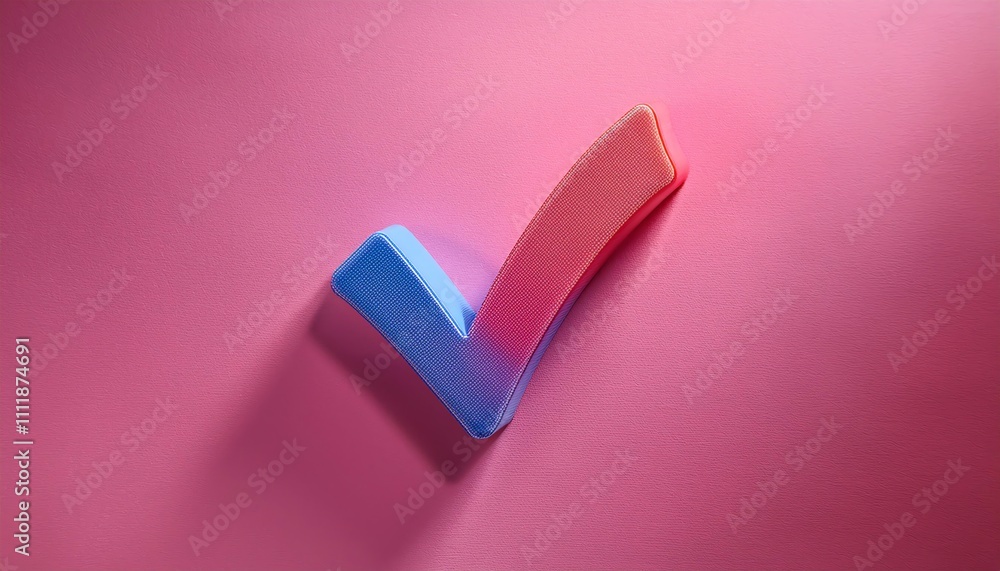 Poster a colorful checkmark made of foam rests against a pink background, symbolizing approval or completio
