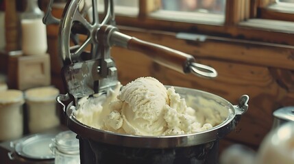 An old-fashioned ice cream maker in action, creating a delicious treat the traditional way.