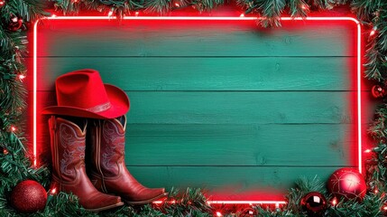 A festive scene featuring cowboy boots and a red hat, framed by greenery and lights, perfect for a holiday or country-themed celebration.