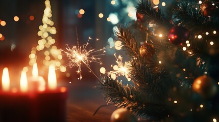 Christmas tree with red baubles and bokeh lights on a wooden table against a fireplace background. Free space for text