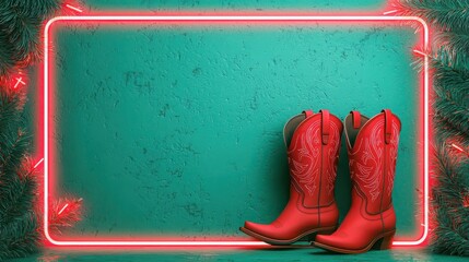 A pair of stylish red cowboy boots sits beside a neon-lit frame against a vibrant green background, creating a lively, playful atmosphere.