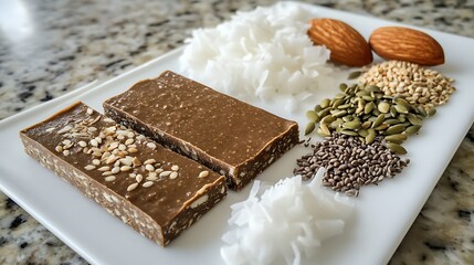 Fototapeta premium A healthy low-carb snack bar with ingredients like almond butter, coconut, and seeds displayed on a white plate 