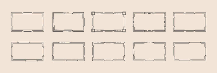 Black rectangular frames with linear geometric borders and place for text, isolated on a pale beige background. Art Deco style collection. Vector set for invitation card, postcard, label, signage, tag