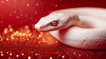Fototapeta premium Close-up of a white snake on a red background