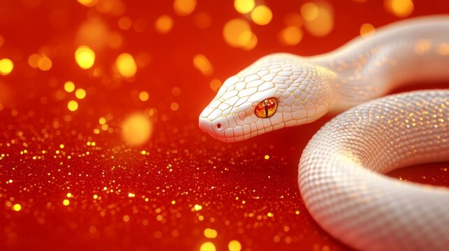 Close-up of a white snake on a red background