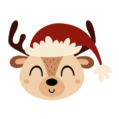 Christmas deer face clipart. Christmas animal clipart. Cute festive character. Hand draw vector illustration in flat style