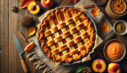 A freshly baked peach pie on a rustic wooden table